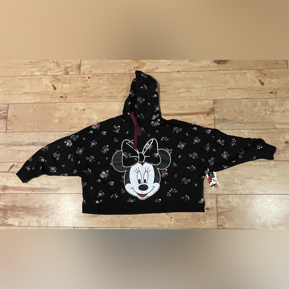 NEW Crop Top Drop Shoulder Flower Print Minnie Mouse Sweatshirt with Hood